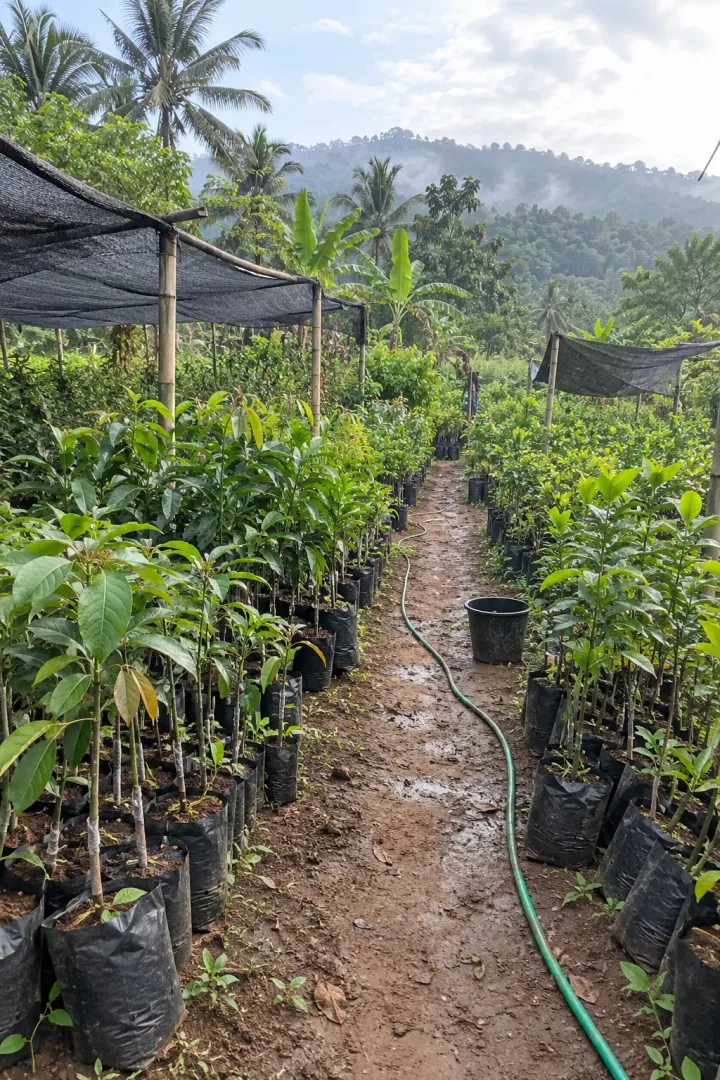 Barisan bibit buah dalam polybag di kebun pembibitan