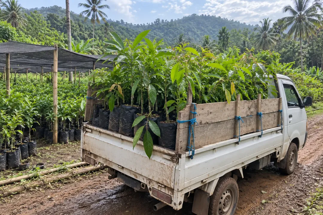 Mobil pick up berisi bibit buah dalam polybag